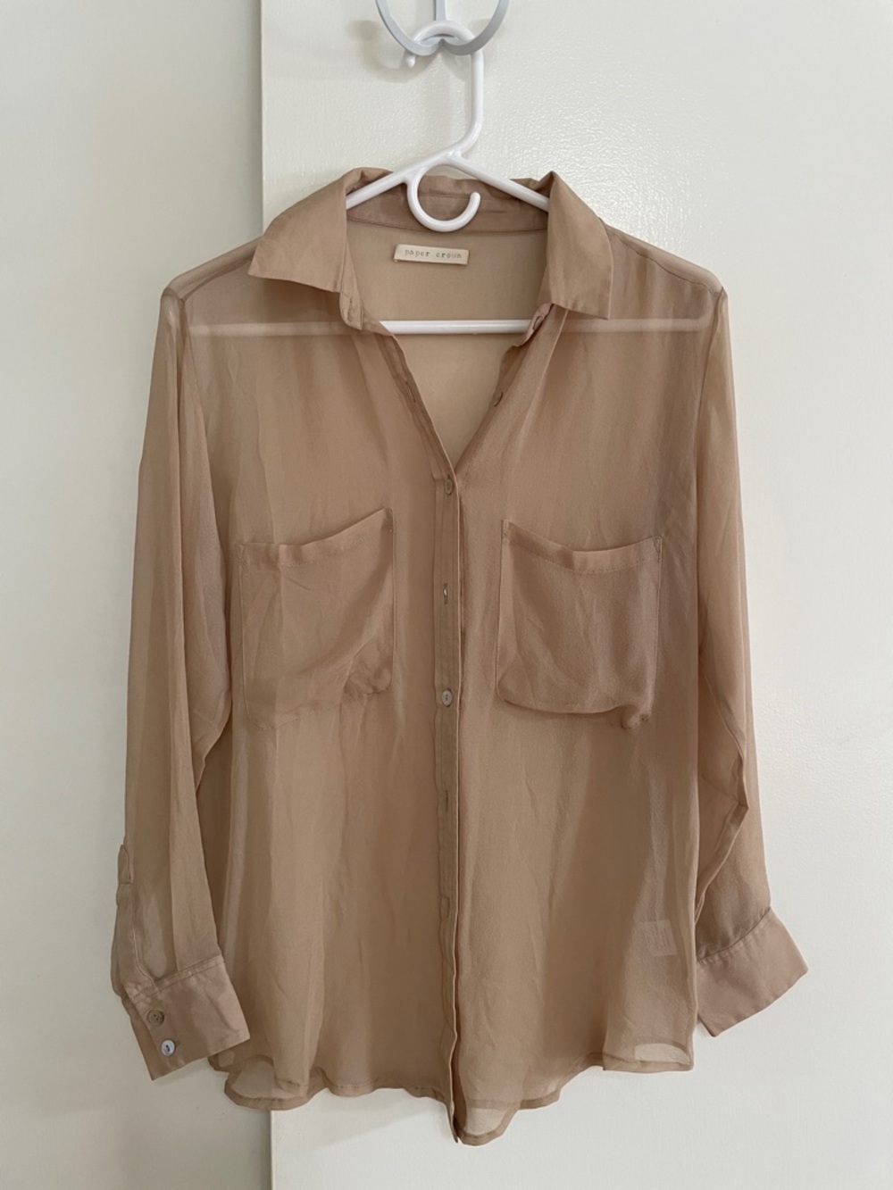 Paper Crown Sheer Button-Down Blouse in Taupe